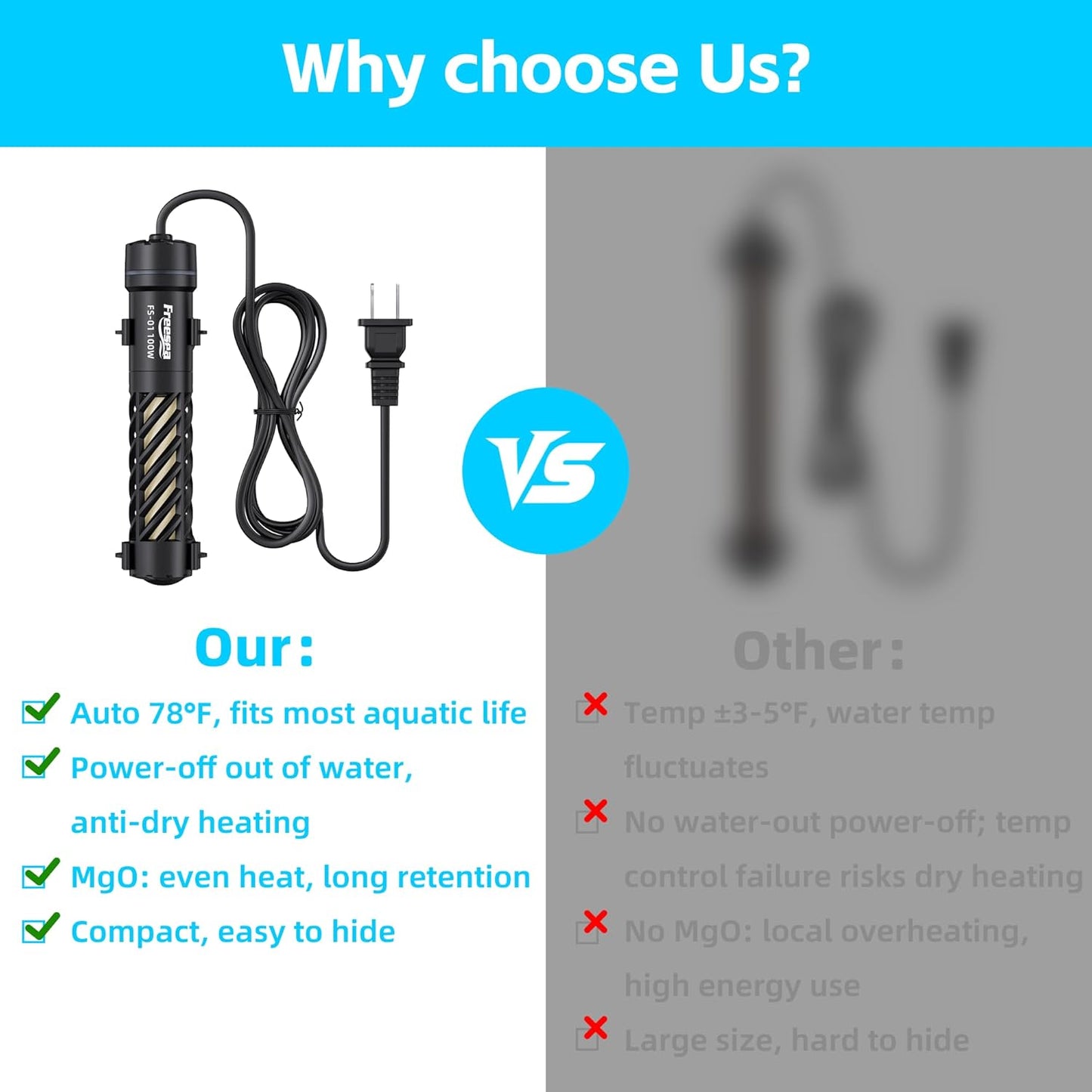 FREESEA Aquarium Heater for Fish Tank: 100W Small Submersible Thermostat with Off-Water Protection & UL Certified Cord for 10-20 Gallon Fish Turtle Tanks Enthusiasts