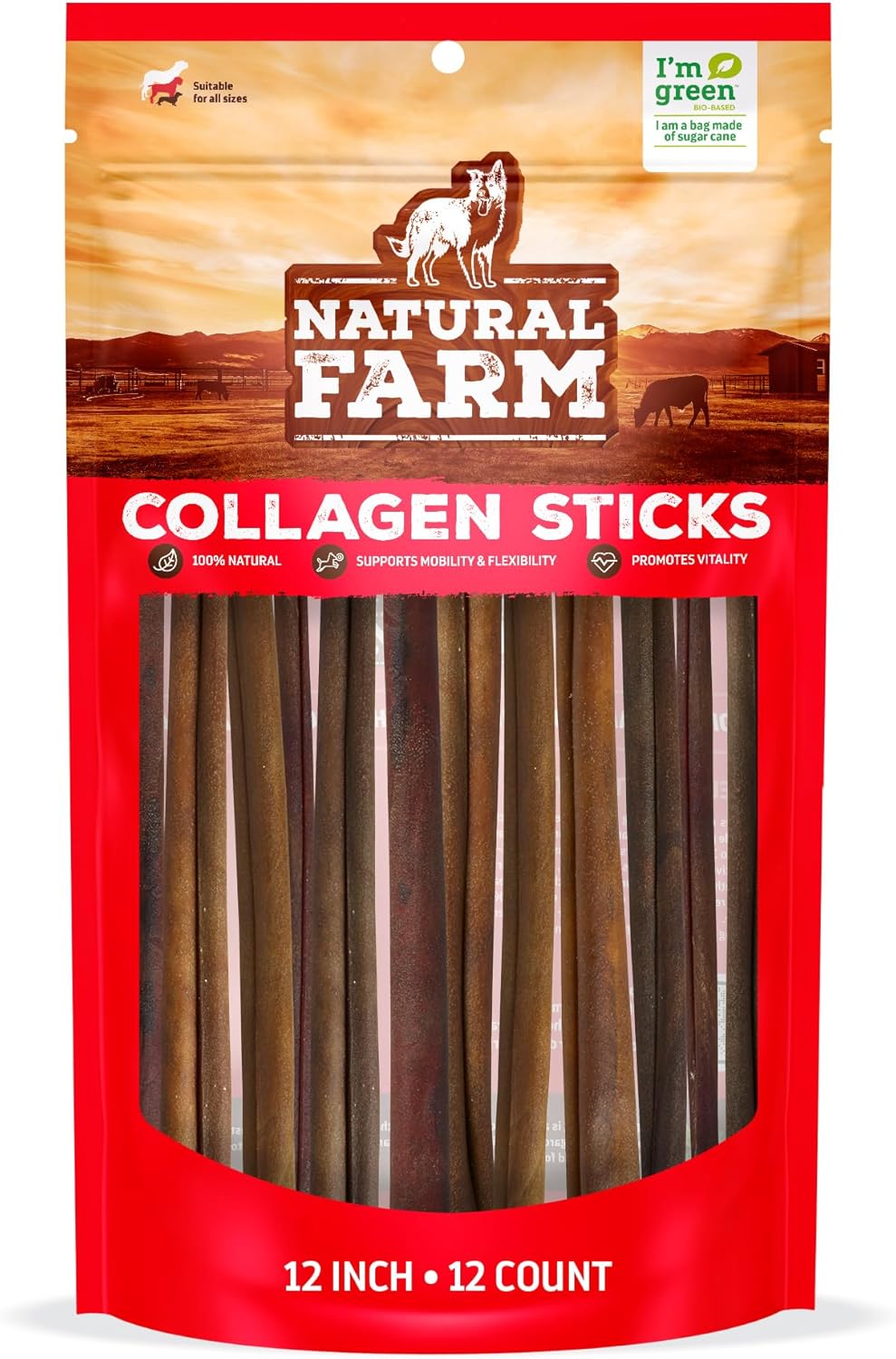 Natural Farm Odor-Free Collagen Chews, (12-Inch, 12-Pack), Long Lasting Bully Sticks & Rawhide Alternative Dog Treats, 95% Collagen, High Protein Best Dental Dog Treats – Medium & Large Dogs
