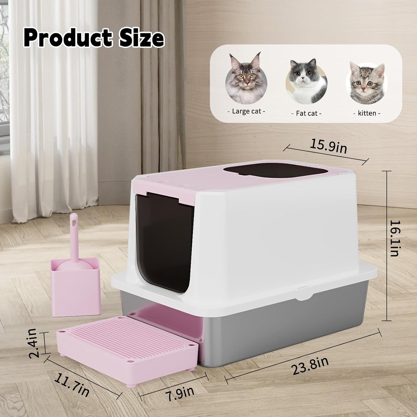 RIZZARI Pink Stainless Steel Cat Litter Box and Cat Litter Bundle
