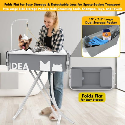 PAWZIDEA 2-in-1 Portable Dog Bathtub & Grooming Table, 33" Foldable Pet Washing Station for Small Medium Dogs Cats, Elevated Tubs for Bathing Shower Indoor Outdoor, 5 Height Adjustable, Storage Pocket