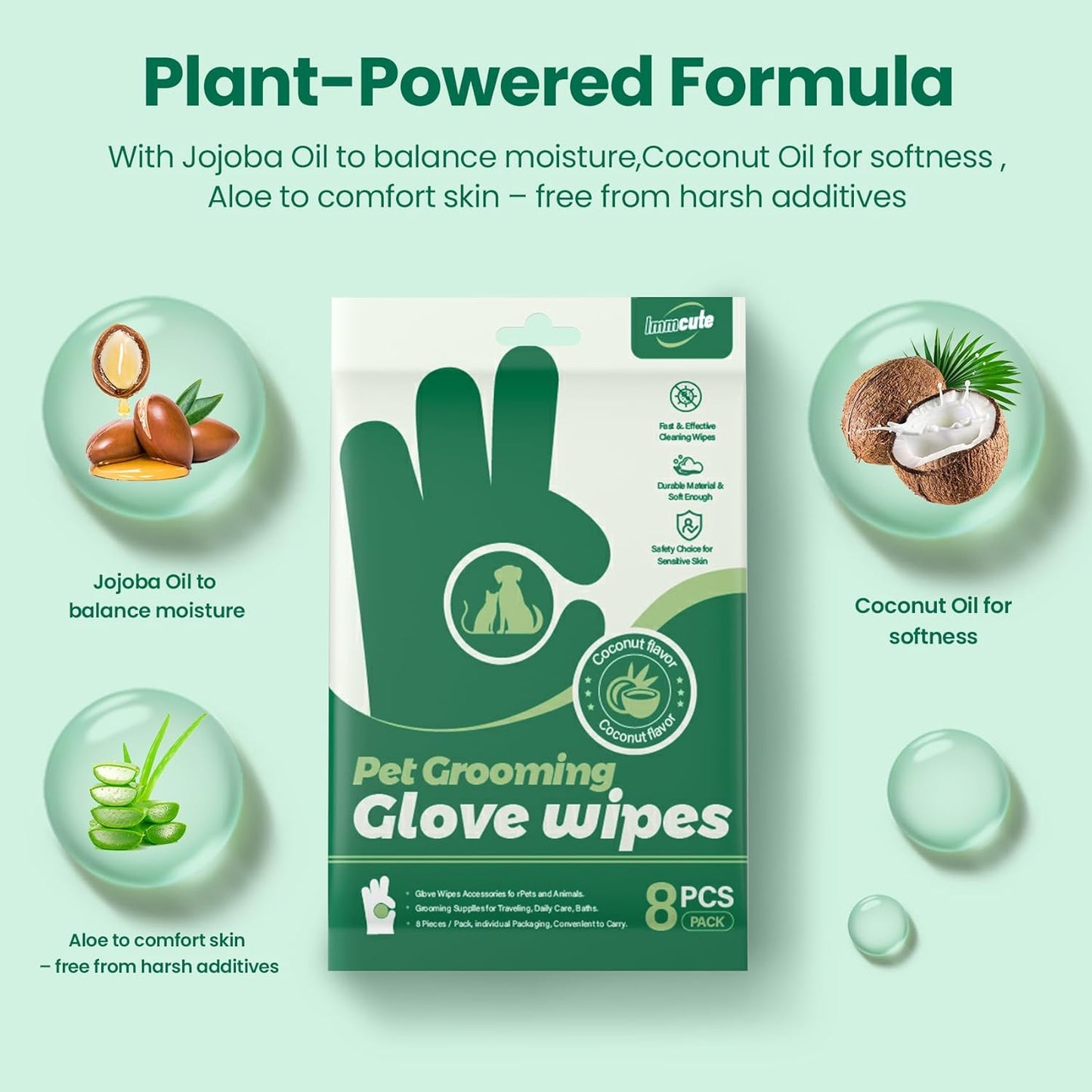 IMMCUTE Coconut Scented Pet Wipes Gloves for Dogs & Cats - Extra Thick Bathing Wipes with Coconut Oil & Jojoba Oil, 32 PCS Rinse-Free Grooming Gloves for Deodorizing & Daily Care