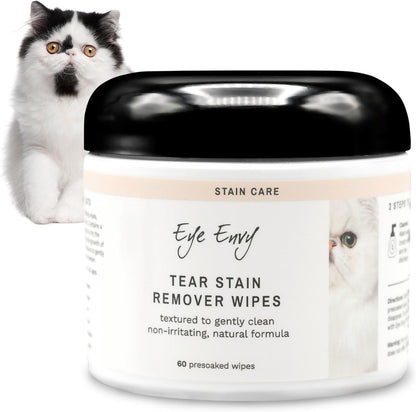 Eye Envy Tear Stain Wipes for Cats. Textured to Gently Clean, Treats The Cause of Staining. 100% Natural Formula. Recommended by Persian & Exotic Breeders, Vets, Groomers. USA Made. 60 Cat Eye Wipes