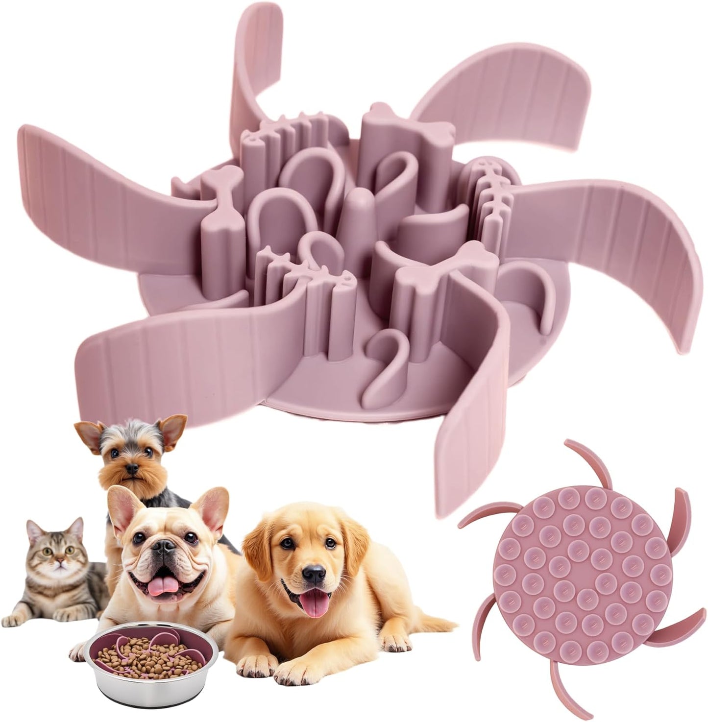 Slow Feeder Insert for 4.5"-7" Dog Bowl, Cuttable Silicone Maze with Suction Cups, Anti-Gulping Slow Eating Mat, Dishwasher Safe (Pink)