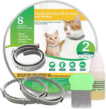 Flea and Tick Collar for Cats, 8 Months of Cat Flea Collar Protection Made with Premium Plant Based Essential Oil Natural Treatment Prevention Free Comb and Prevention Treatment Drop