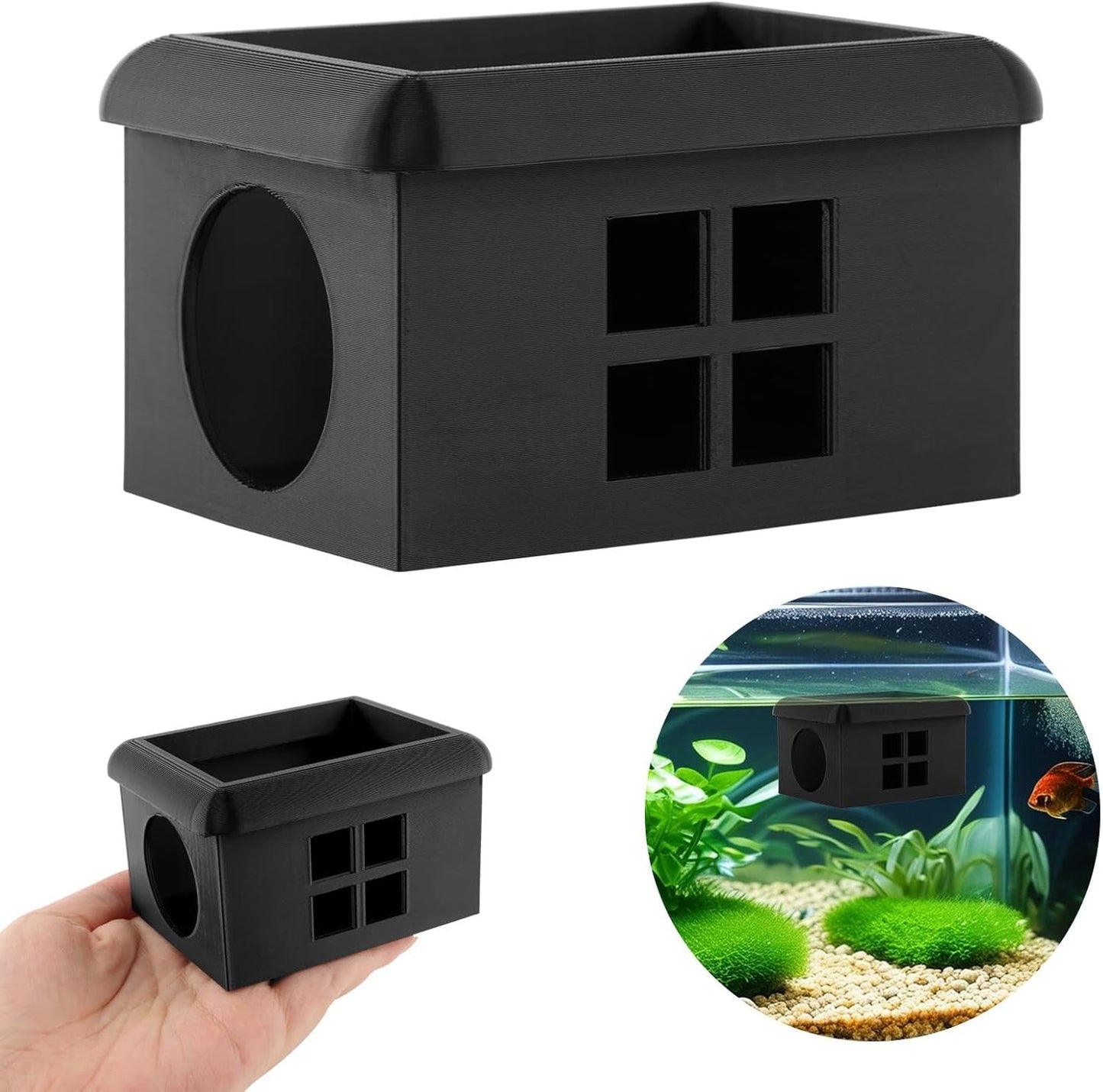 Floating Bettas Fish Hideout with Window 3D Fish Breeding Box & Shelter Floating Feeding Plat-Form for Bettas Tanks Rest Cave for Small Aquariums(Color:Black)