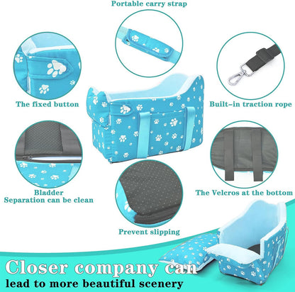 Cullaby Center Console Dog Car Seat for Small Dogs Under 15lbs,Detachable Washable Booster Pet Car Seat Travel Bed with Storage Pockets and Seat Belt(Blue)