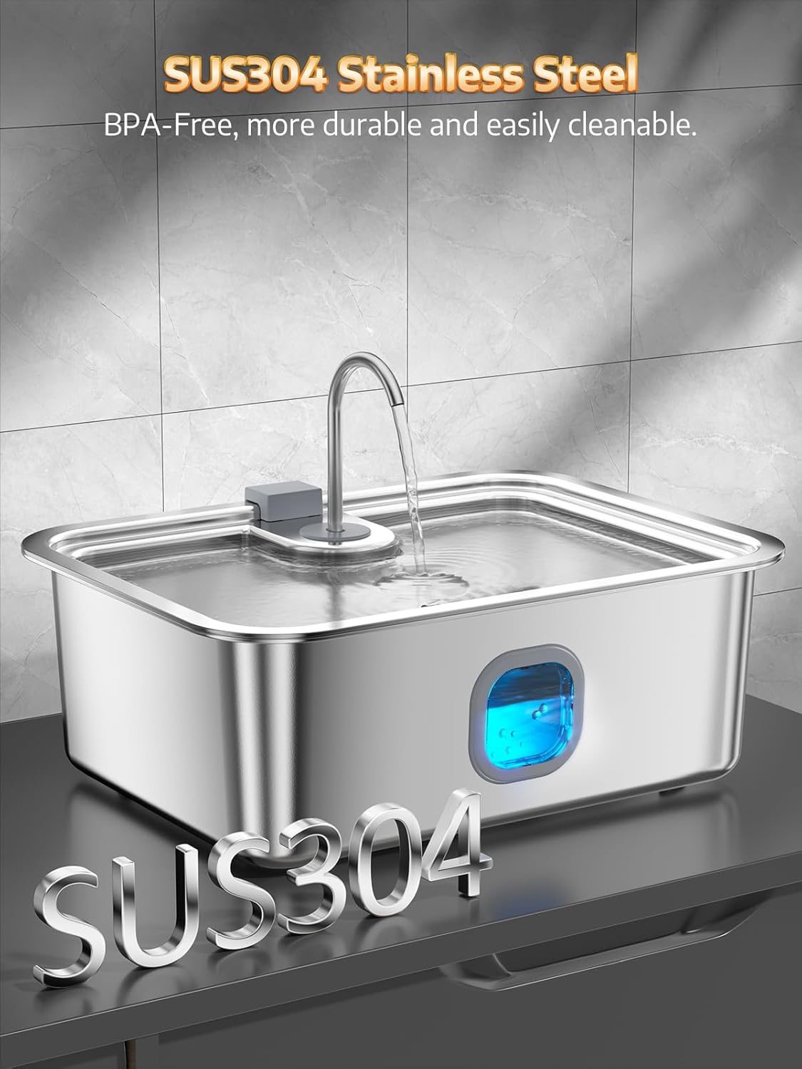 4.2Gal Dog Water Fountain for Large Dogs, 16L Stainless Steel Large Dog Fountain Water Bowl with Deeper & Wider Drinking Tray, Automatic Pet Water Dispenser with Visible Window for Multi-Pets Families