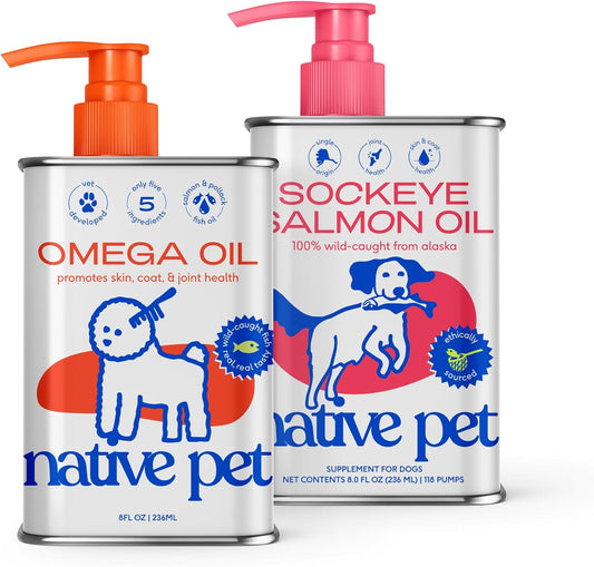 Native Pet Omega 3 Fish Oil (8 Oz.) & Sockeye Salmon Oil for Dogs (8 Oz.) - Promotes Healthy Skin, Shiny Coat, & Strong Joints - Made with Wild Alaskan Salmon for Dogs–Fast-Absorbing Omega 3 6 9