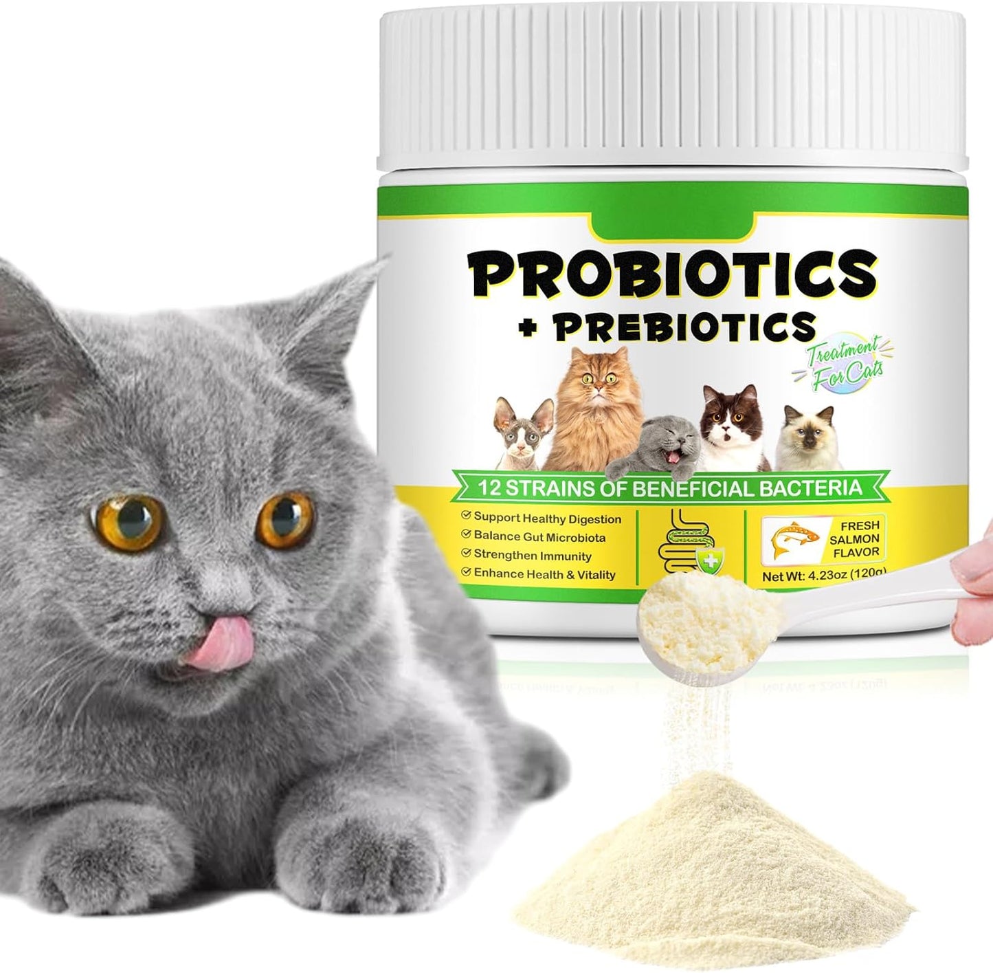 Cat Probiotic Powder with Prebiotics - 5 Billion CFU & 12 Strains to Treat Diarrhea, Vomiting, Digestive Support & Immunity Health