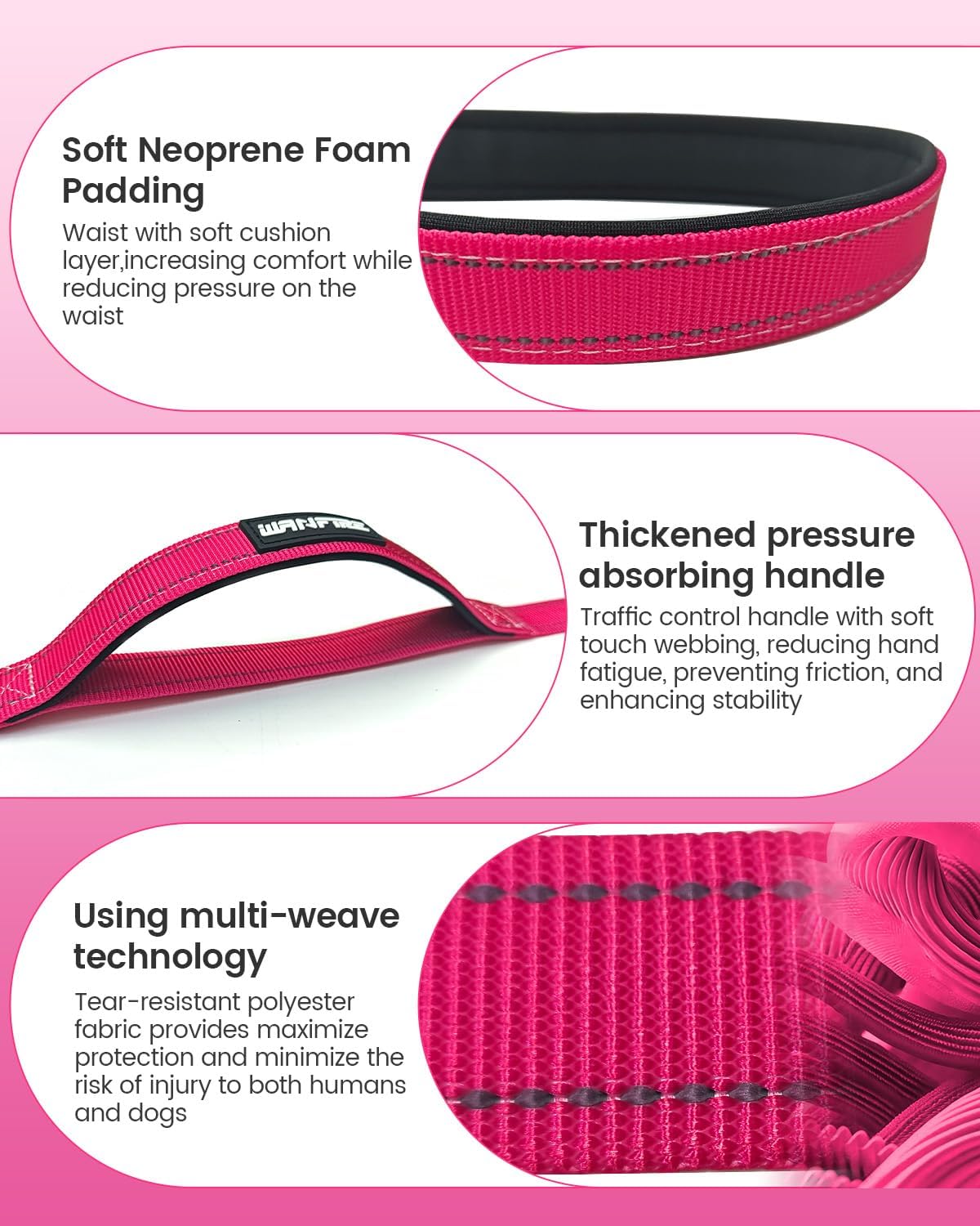 Hands Free Dog Leash & Car Seatbelt, 5.9-9.5ft Crossbody Dog Belt with Dual Soft Handles, Shock-Absorbing, 360° Clip, Reflective Design for Walking, Running, Hiking, Travel. (Rosered)