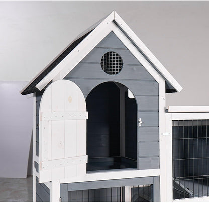 Large Outdoor Chicken Coop Cage Weather-Resistant 2-Story Wooden Pet House with No-Leak Tray Indoor/Outdoor Rabbit Hutch Grey & Beige Gray+White