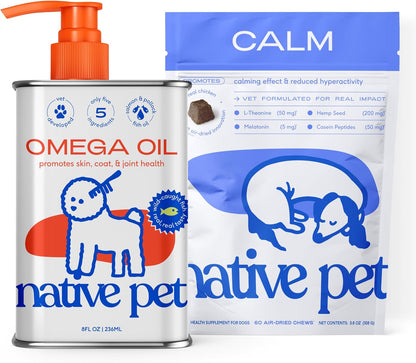 Native Pet Omega Oil for Dogs - Fish Oil Supplements & Calming Chews | Dogs Anxiety Relief Treats & Relaxants | 8 Oz. & 60 Chews