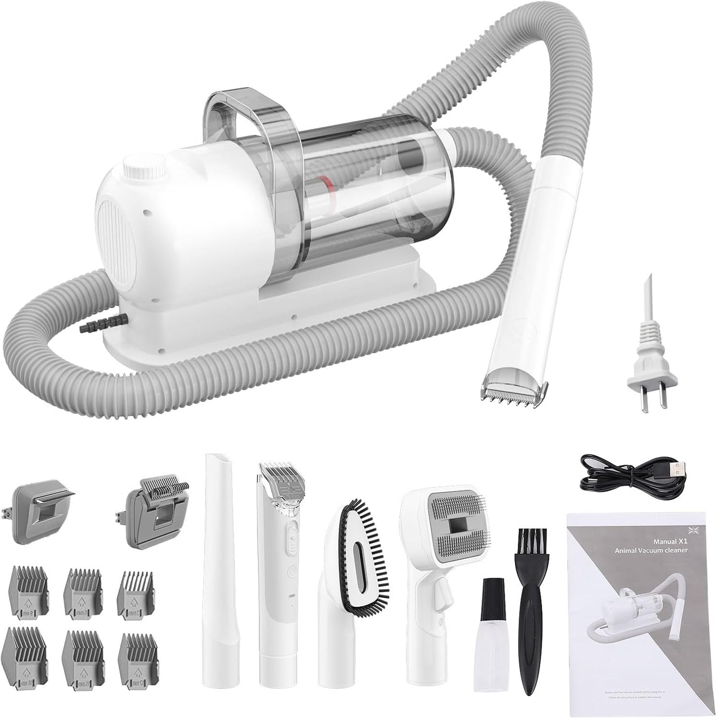 Pet Grooming Kit, 5 in 1 Dog Grooming Vacuum with Electric Clipper and 4 Adjustable Combs, Low Noise Design for Dogs Cats Home Cleaning 2.5L Dust Container (US Plug 110V)