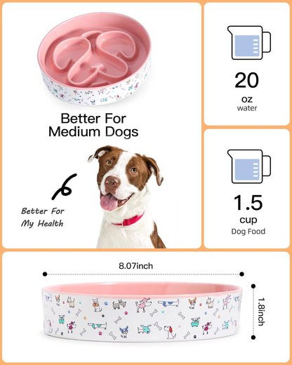 Slow Feeder Dog Bowl, Ceramic Dog Bowls 1.5 Cups Interactive Puzzle Feeder for Fast Eaters, Prevent Bloat & Choking, for Small Medium Large Dogs, Pink