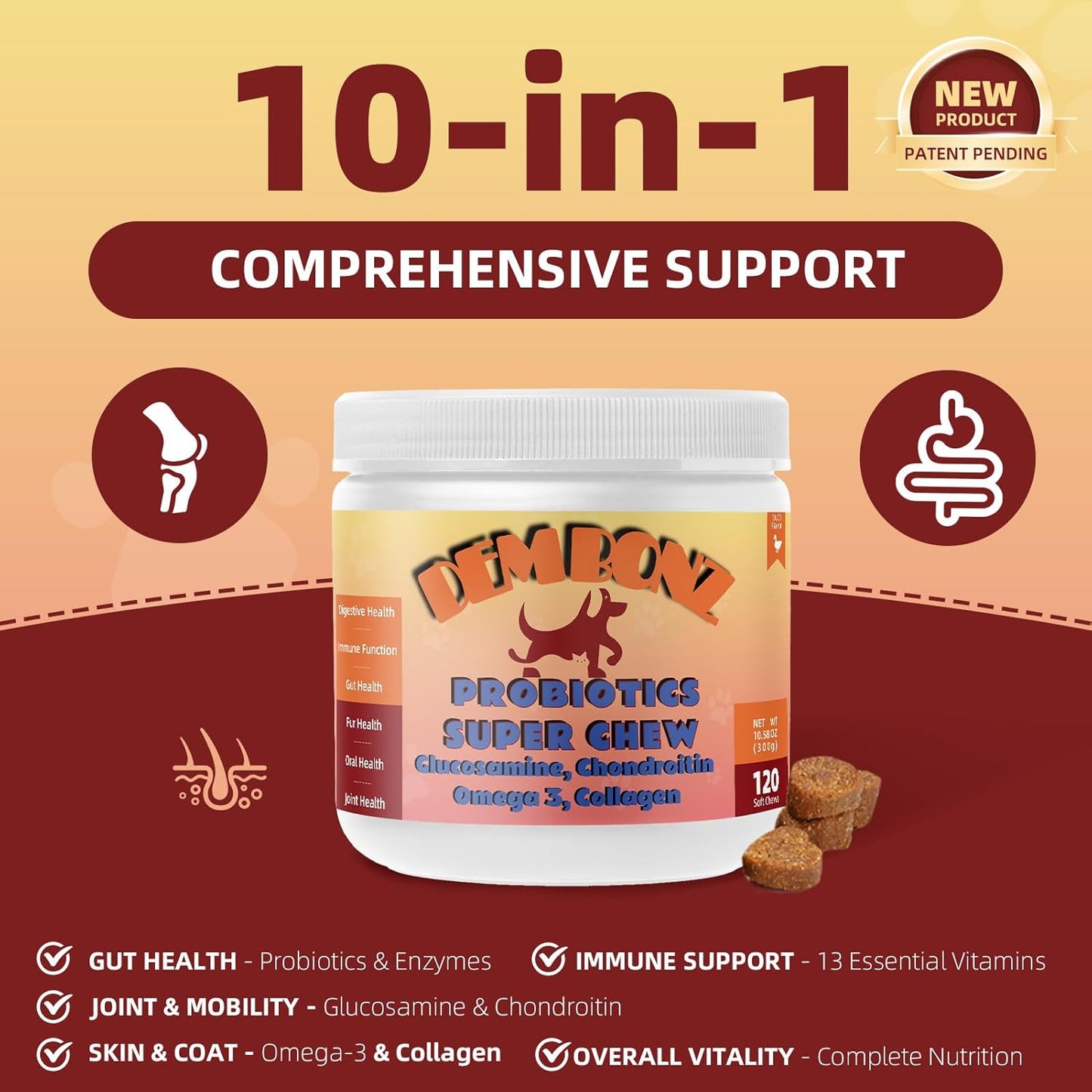 Dembonz Joint Supplement for Dogs – Hip and Joint Chews for Dogs, Glucosamine, Chondroitin, Omega 3, Collagen & Probiotics, Supports Digestion, Immunity, Fur, and Oral, 120 Count