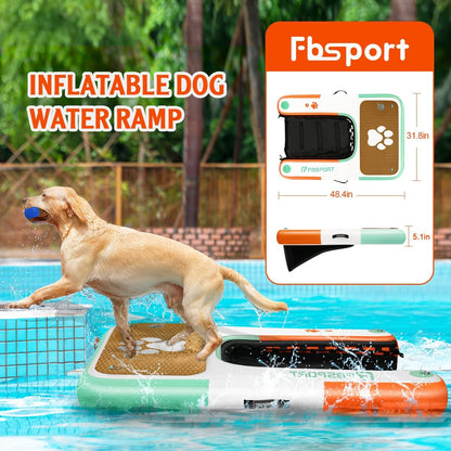FBSPORT Inflatable Dog Boat Ramp Floating Dock Water Ramp Ladder for Pool, Boat, Non-Slip EVA Floating Ladder for Dog Up to 220 LBs, Safe & Easy Access