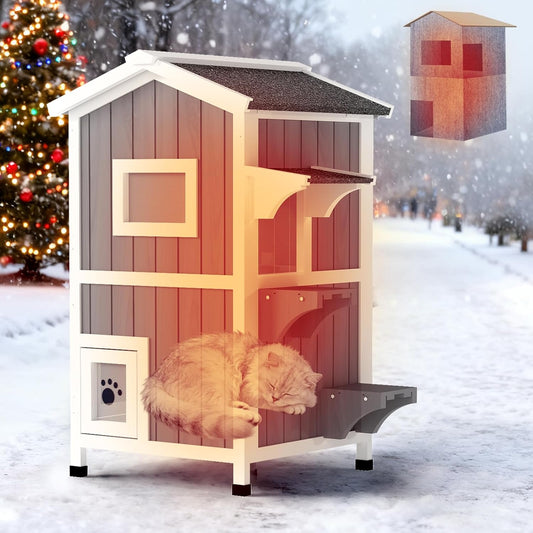 Insulated Outdoor Cat House with Insulated Liner 2 Story Weatherproof Elevated Outside Cat Shelter for Feral Multi Cat