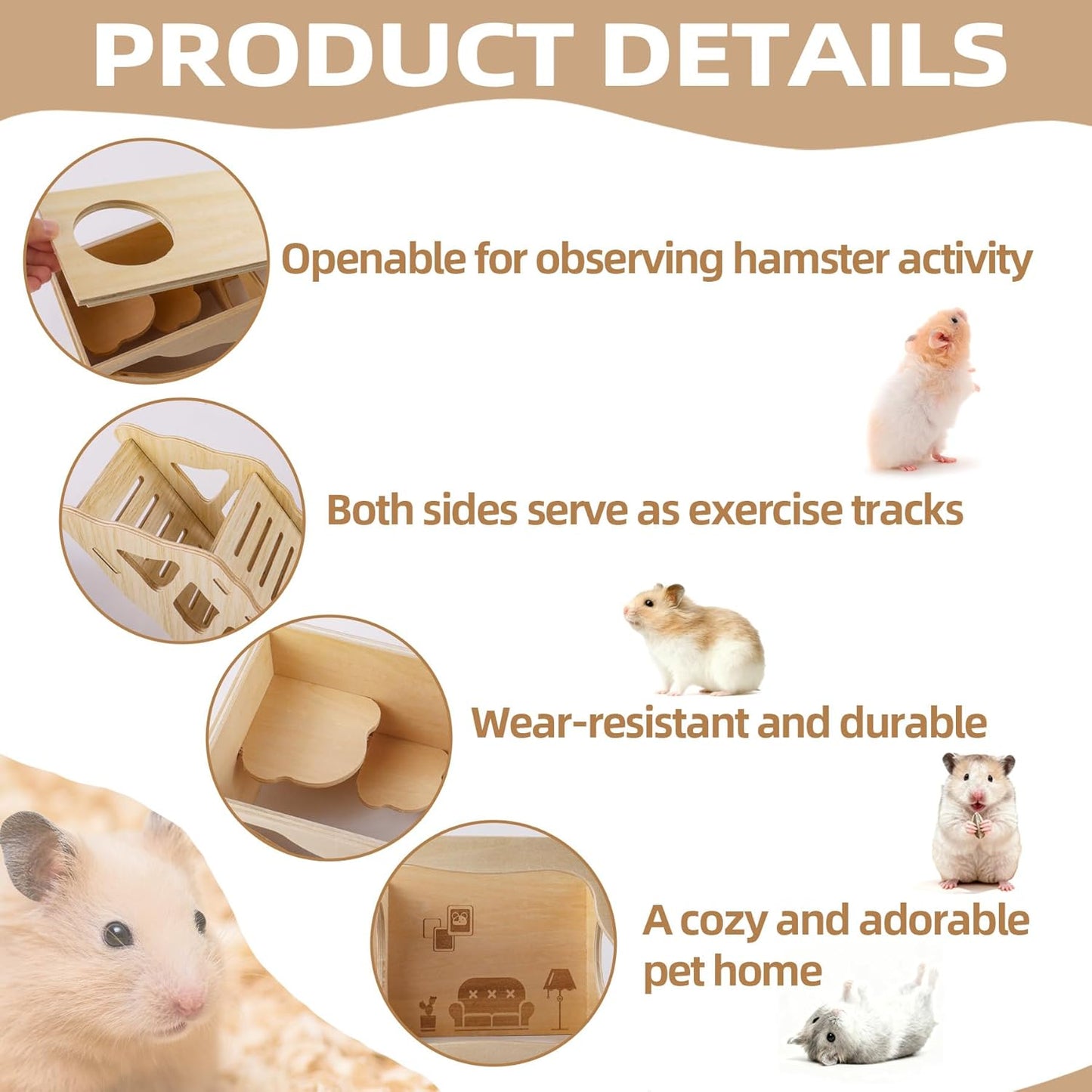 2Pcs Hamster House and Tunnel, Wooden Exploring Tunnel with Ladder, Small Animal Playground Exploring Toys for Syrian Dwarf Hamsters Gerbils Guinea Pig