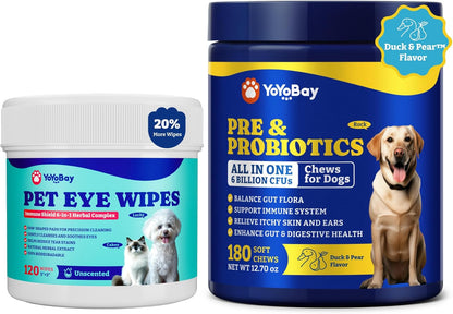 Probiotics for Dogs - Dog Probiotics for Digestive Health, Yeast, Itchy Skin, Gut Health, Immune & Skin +Product Image YoYoBay Dog Eye Wipes for Tear Stain Remover – 120 Pet Eye Wipes with Herbal Comp