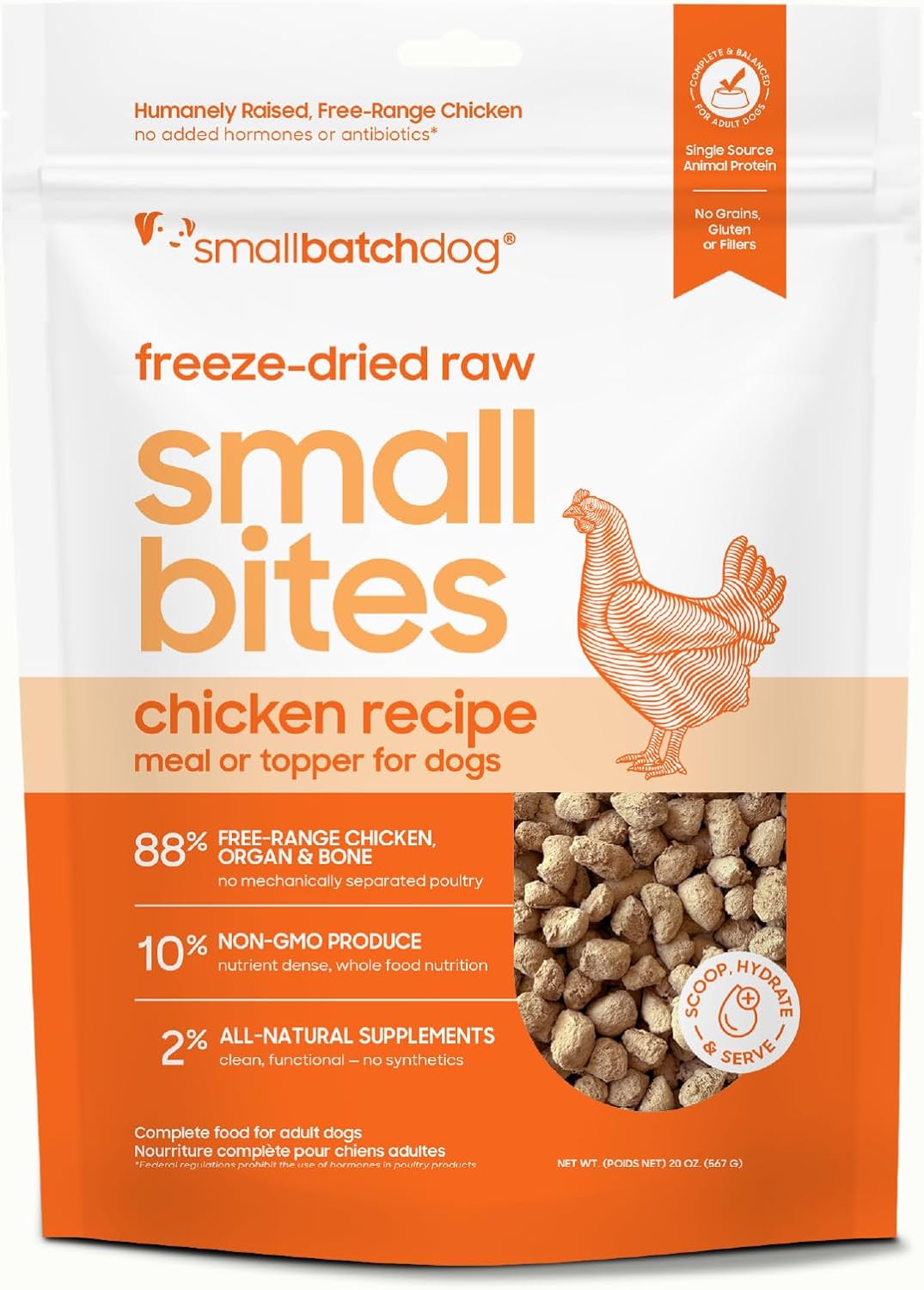 smallbatch Pets Freeze-Dried Raw Dog Food – Chicken Recipe –20 oz Small Bites – High Protein, Grain Free – Complete Meal or Topper – Made in USA with Organic Superfoods(20 Oz, Chicken)