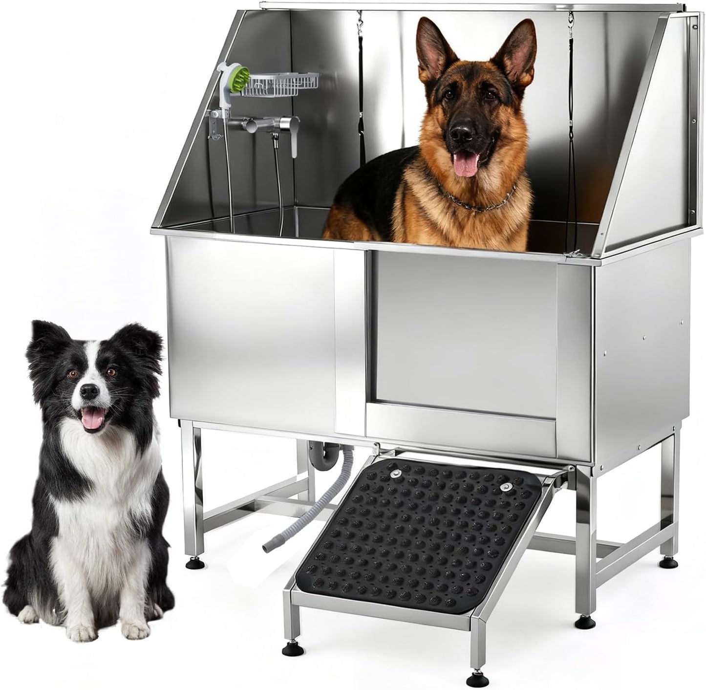 50" Dog Bathtub Professional 304 Stainless Steel – Right Door/Ramp, Faucet & Floor Grate, Pet Grooming Washing Station for Large/Medium/Small Pets