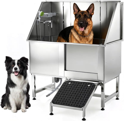 50" Dog Bathtub Professional 304 Stainless Steel – Right Door/Ramp, Faucet & Floor Grate, Pet Grooming Washing Station for Large/Medium/Small Pets