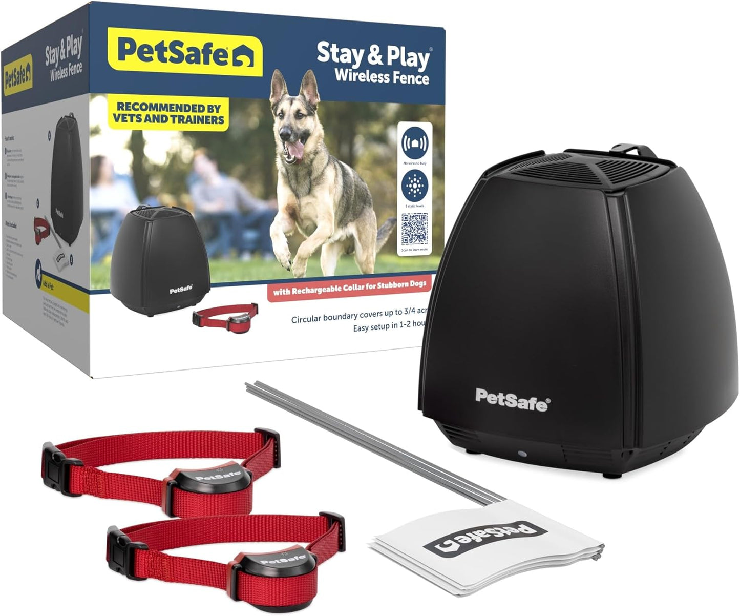 PetSafe Stay & Play 2-Dog Wireless Fence for Stubborn Dogs - America's Safest Wireless Pet Containment System - No Dig Electric Fence - Circular Boundary - Secure 3/4-Acre Yard - for Dogs 5lb+