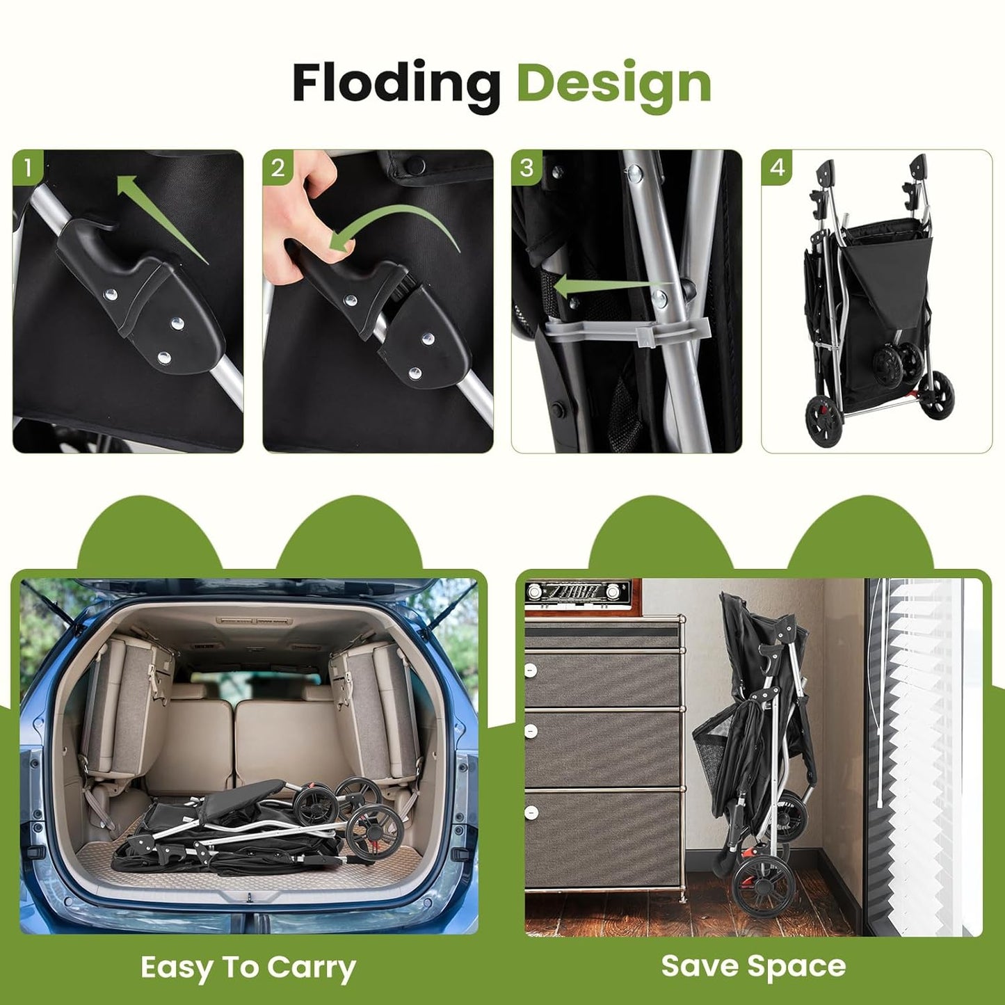 Smug Pet Stroller for Dogs and Cats, Foldable, Lightweight and Durable, Ideal for Small to Medium Pets, Includes Storage Basket and Cup Holders