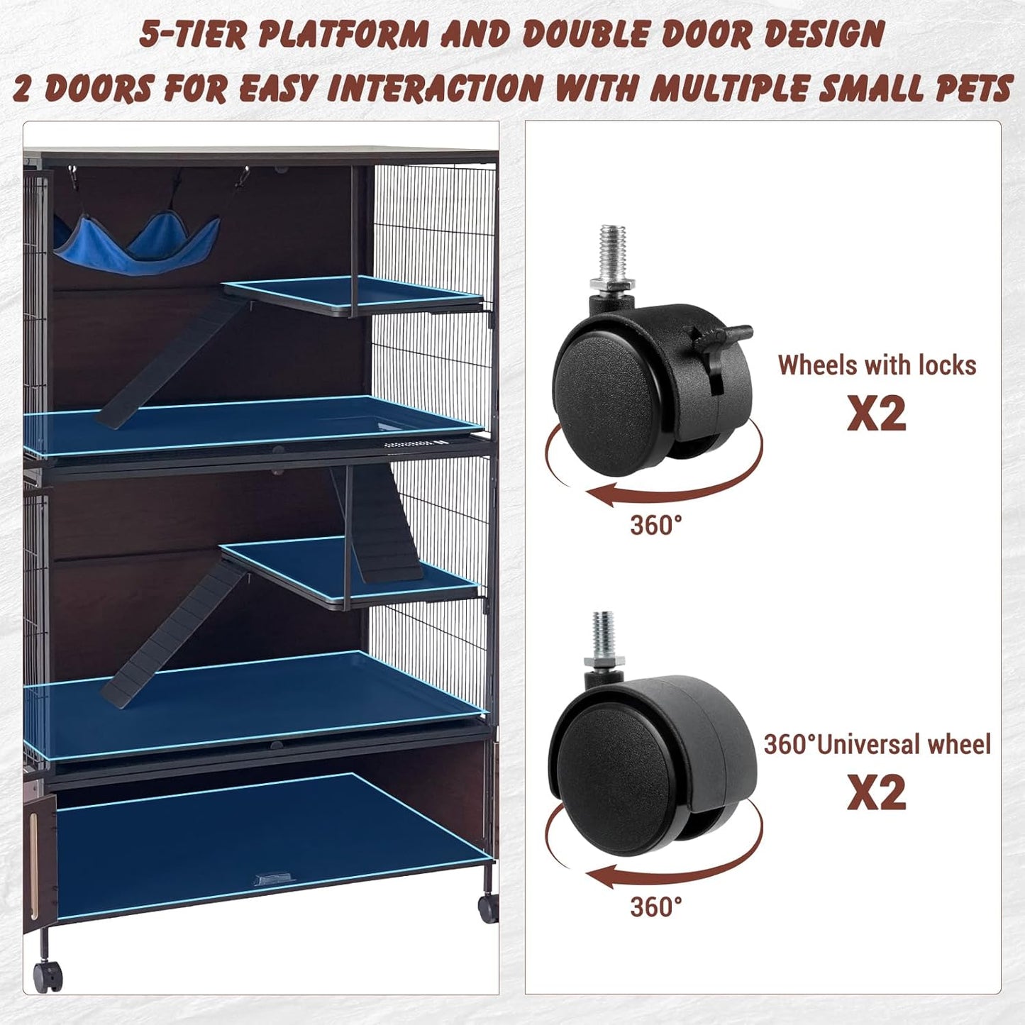 60" Large Metal Ferret Cage, Multi-Level Chinchilla Cages with Lockable Doors,3 Metal Ramps, 4 Wheels, Small Animal Cage with PP Trays & Storage Cabinet for Chinchillas, Ferrets, Guinea Pigs, Rats