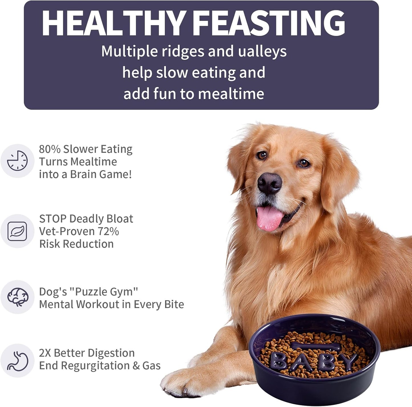 Ceramic Slow Feeder Dog Bowl, 4-Cup Anti-Slip Puzzle Feeder for Medium/Large Dogs, Indoor/Outdoor Pet Bowl for Fast Eaters - Pink