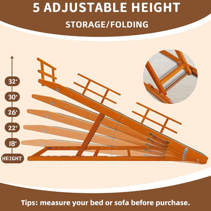 Dog Ramp for Bed - 65" Length, Supports up to 32" Height,Includes Non-Slip Replaceable Carpet, Safety Rails & Landing Platform,Adjustable & Foldable Pet Ramp for Large/Senior Dogs to Get on Bed