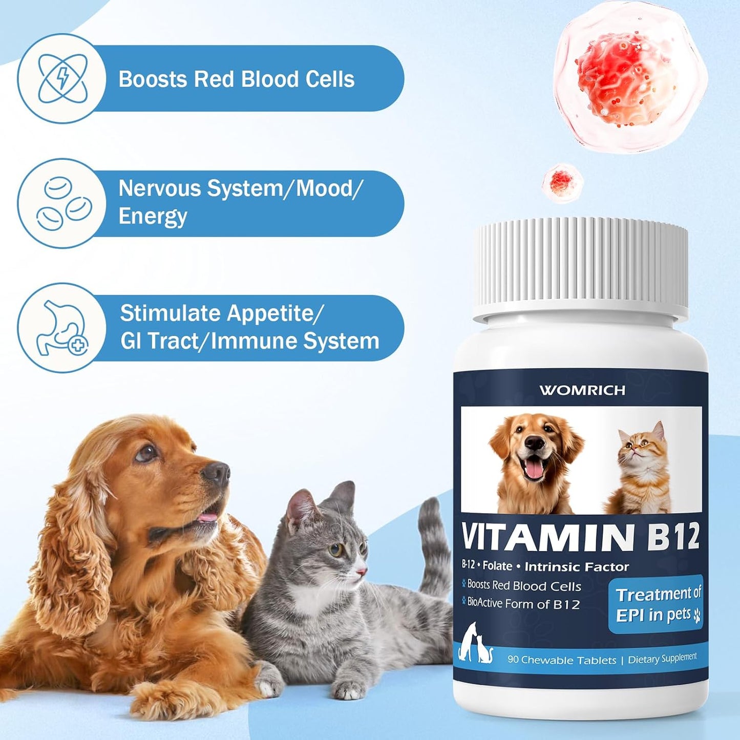 Appetite Stimulant Vitamin B12 Tablets for Cats and Dogs –| Methylcobalamin Supplement – Treatment of EPI in Pets Supports Energy, Red Blood Cell Formation, Nervous System, and Appetite – 90 Tablets