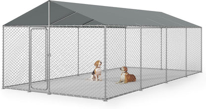 20x10 FT Outdoor Dog Kennel Outside with Metal Large Dog Gate, Outdoor Dog Pens with Roof, Heavy Duty Dog Enclosures for Backyard Farm Use (240x120x84)