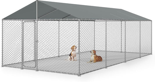 20x10 FT Outdoor Dog Kennel Outside with Metal Large Dog Gate, Outdoor Dog Pens with Roof, Heavy Duty Dog Enclosures for Backyard Farm Use (240x120x84)