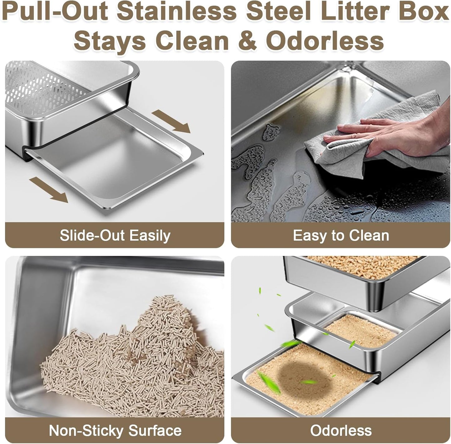 23.6"x16"x12" Stainless Steel Sifting Litter Box with Lid, XL Sifting Litter Box for Pine Pellets Less Tracking, High Sides Metal Litter Tray with Removable Drawer Pan, Anti-Leakage, Easy Cleaning