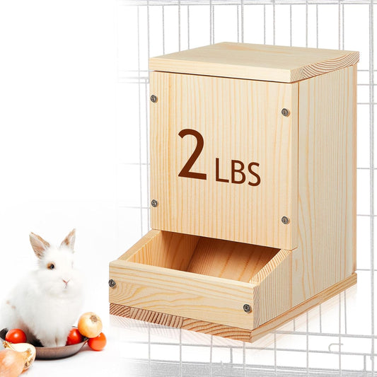 Maxcheck Wooden Rabbit Feeder for Cages, Automatic Small Animal Food Dispenser with Lid, Wood Chicken Grit Oyster Shell Feeders Outside, for Rabbits Ferrets and Other Small Pet Animals