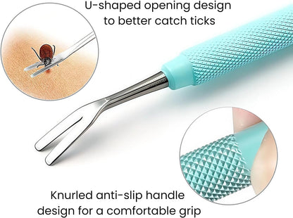 Tick Removal Tool Kit for Dogs, Cats & Humans – Stainless Steel Tick Tweezer, Fork & Dual-Head Clamp with Leather Pouch, Safe & Easy Tick Remover for Pets, Ideal for Grooming & Outdoor Travel
