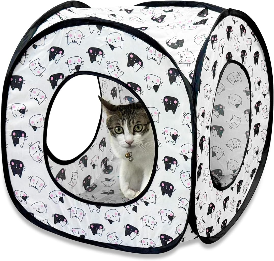 Andiker Cat Tent, 3 Holes Safe and Strong Cute Cats Tunnel Collapsible Easy to Carry Cat House for Indoor Cats Kittens Hiding Playing Training Sleeping (Square Black)