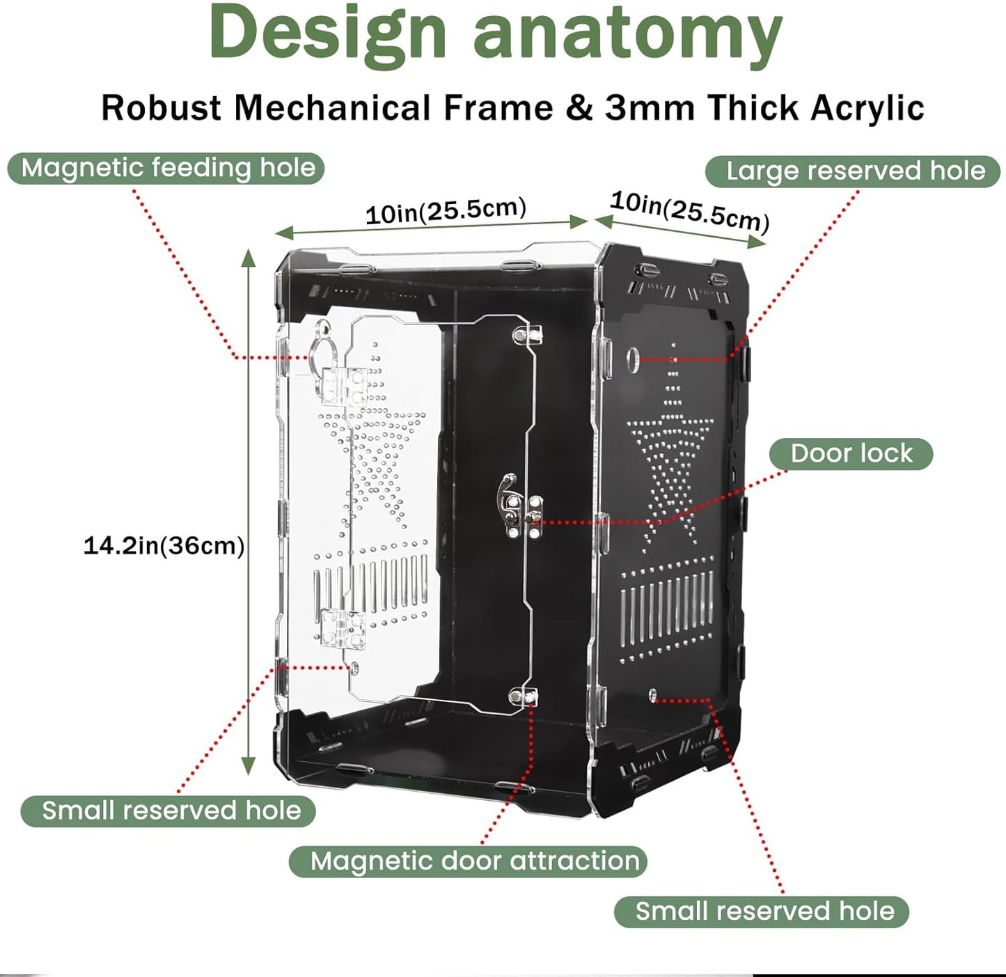 14x10x10 Inch Mechanical Frame Acrylic Terrarium - Front Opening Reptile Enclosure with Magnetic Feeder & Cable Ports, Escape-Proof Habitat for Tarantulas, Mantis, Geckos & Scorpions