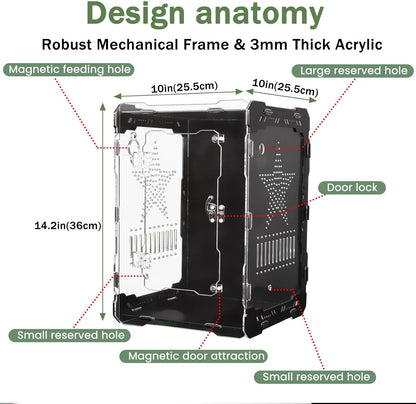 14x10x10 Inch Mechanical Frame Acrylic Terrarium - Front Opening Reptile Enclosure with Magnetic Feeder & Cable Ports, Escape-Proof Habitat for Tarantulas, Mantis, Geckos & Scorpions