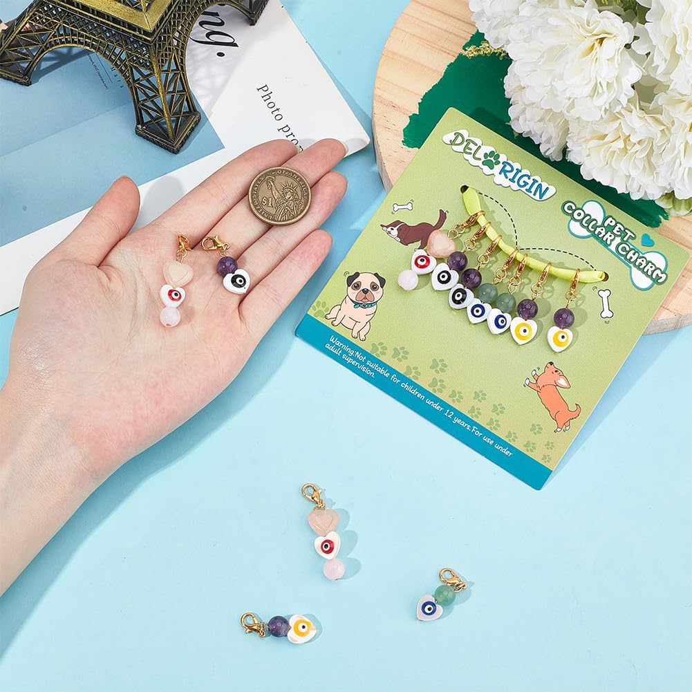 DELORIGINl 12pcs Evil Eye Pet Collar Charms Pendants Heart Shaped Round Evil Eye Gemstone Collar Charms Cat Dog Collar Pendant Decorative Keychain Versatile for Pet Collar Bracelet