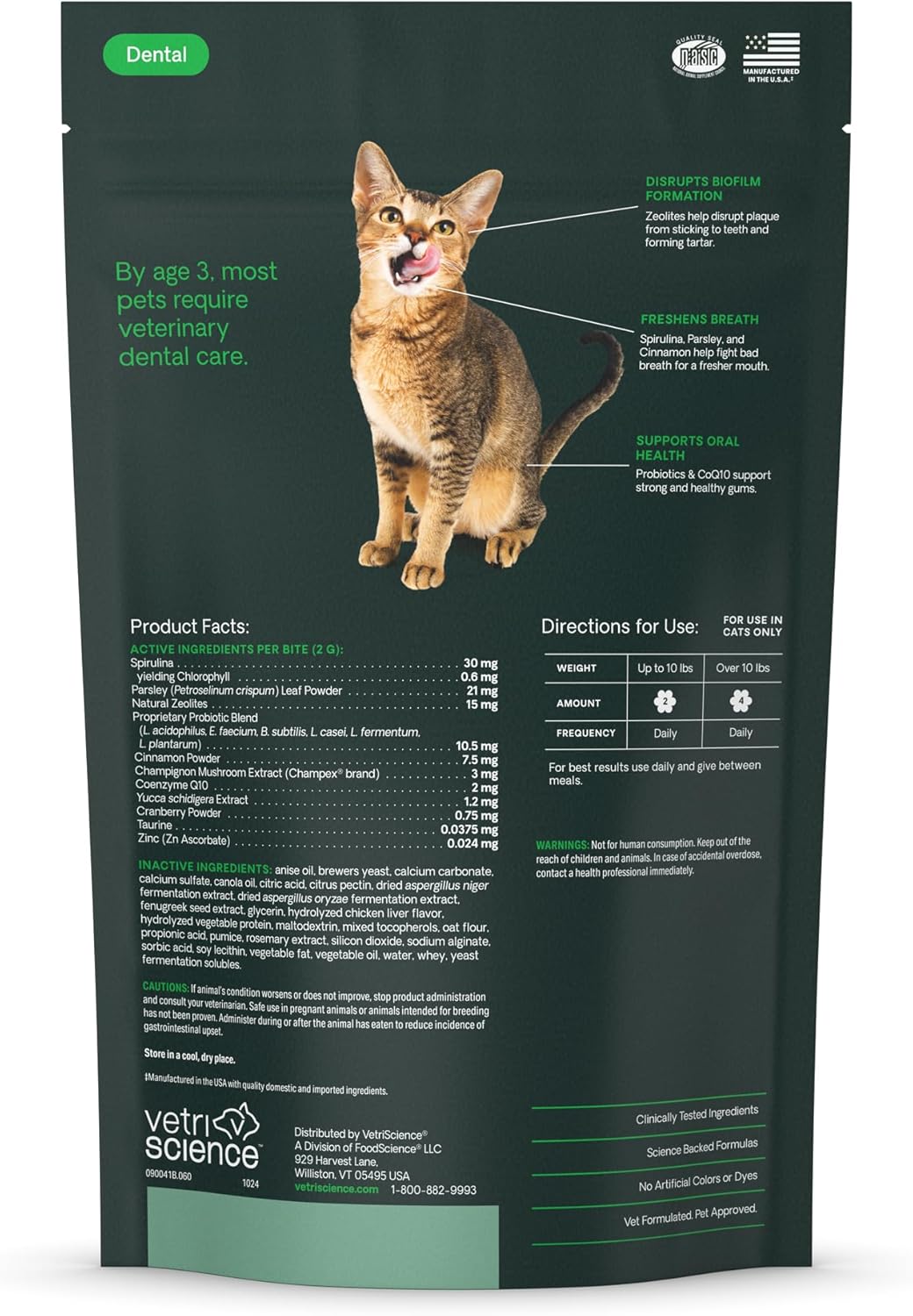 VetriScience Perio Plus Cat Teeth Cleaning Bites - Advanced Cat Breath Freshener - Dual Action Cat Dental Care Formula for Plaque Control & Fresh Breath, 60 Chews, Chicken Flavor