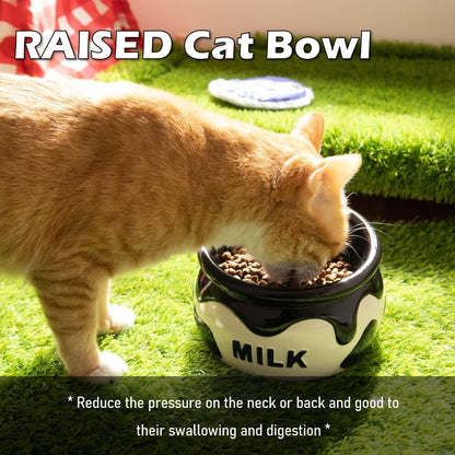 Ceramic Raised Cat Bowl, Elvated Cat Food and Water Bowl for Indoor Cats, Anti Vomiting and Whisker Friendly Kitty Dish-Microwave and Dishwasher Safe (Milk)