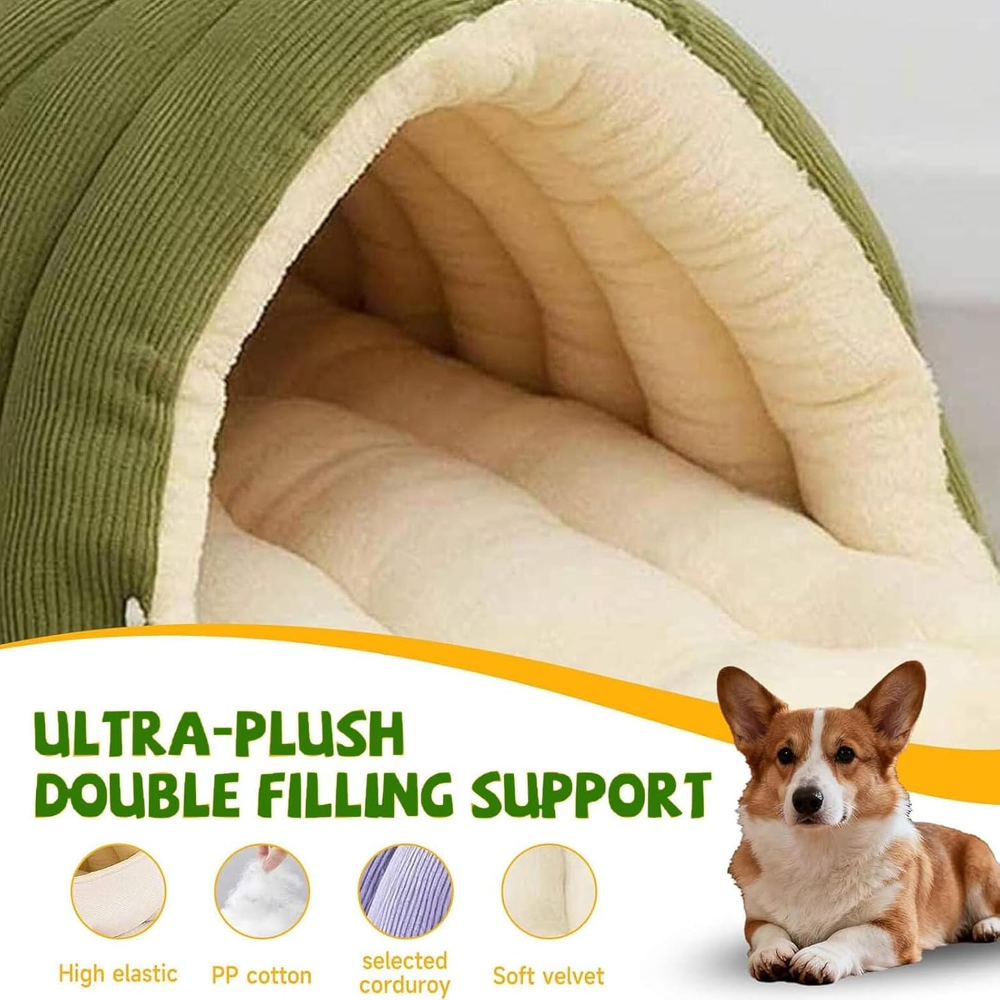 Cat Dog Cave Bed, 2026 New Winter Cave for Dog and Cat, Warm Plush Covered Cat House with Removable Cushion, Soft Sleeping Bed for Indoor Cats(Green,L)
