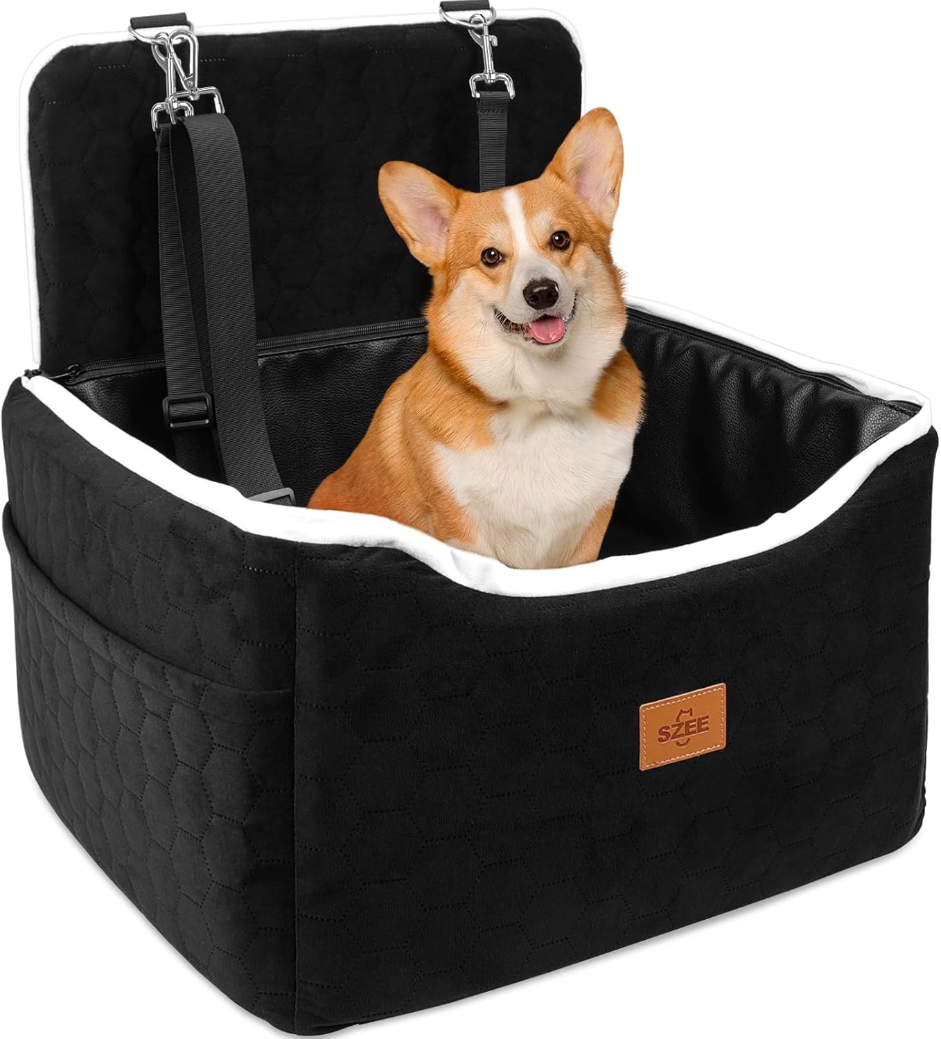 SZEE Dog Car Seat for Medium Sized Dogs up to 30 lbs, Dog Booster Car Seat with Protective Leather Cover, Save Cleaning Effort, Reclinable Backrest (Black)