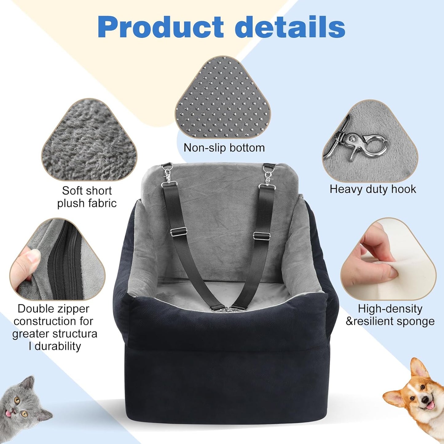 Pet Travel Car Seat for Dogs & Cats - Memory Foam Dog Booster Seats with Thick Cushion for Medium Dogs