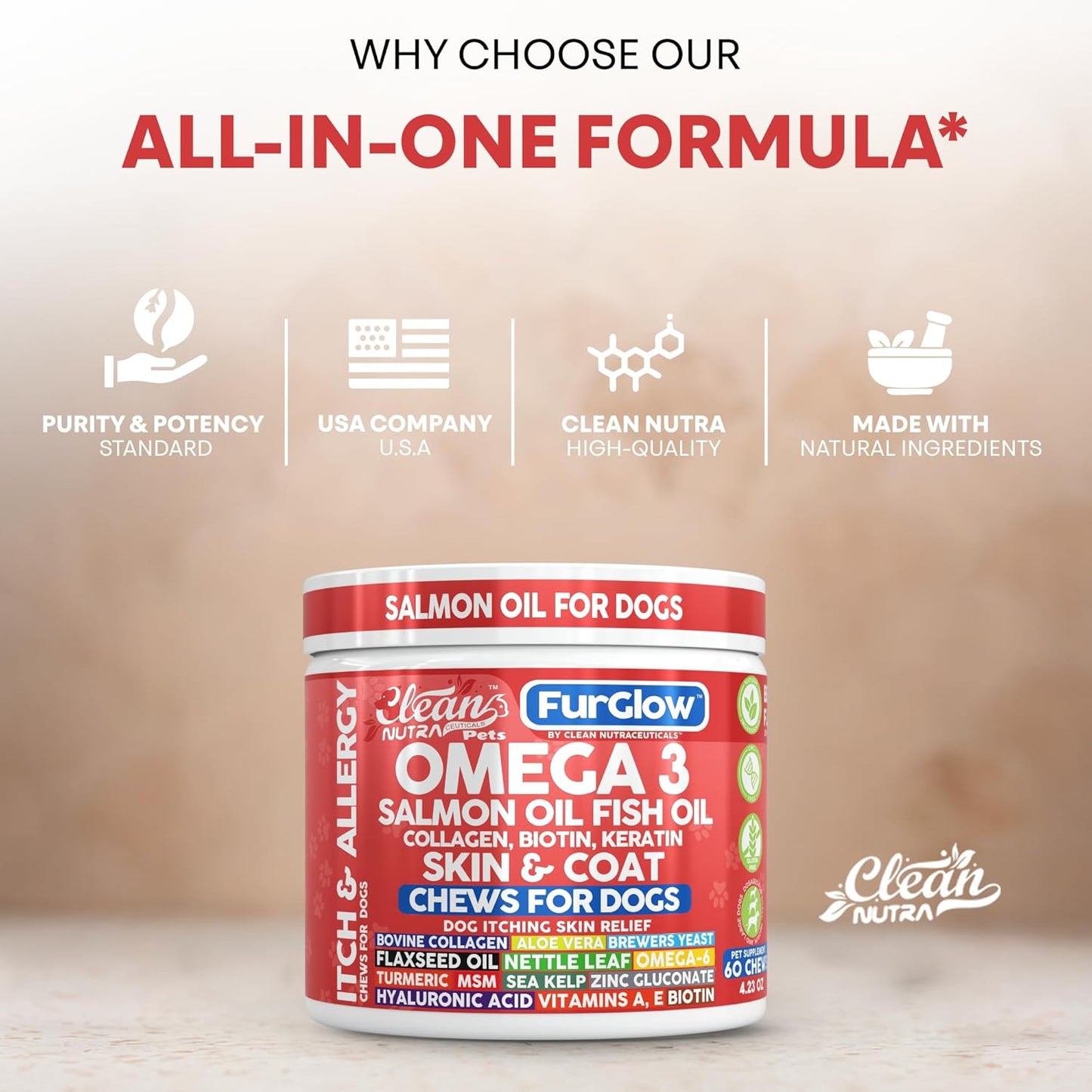FurGlow Skin and Coat Supplement for Dogs Salmon Oil Omega 3 Fish Oil Turmeric Collagen Aloe Vera Flaxseed Oil Hyaluronic Acid Biotin Keratin Aloe Vera Allergy Relief Beef Flavor | Clean Nutra Pets
