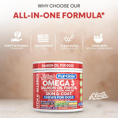 FurGlow Skin and Coat Supplement for Dogs Salmon Oil Omega 3 Fish Oil Turmeric Collagen Aloe Vera Flaxseed Oil Hyaluronic Acid Biotin Keratin Aloe Vera Allergy Relief Beef Flavor | Clean Nutra Pets