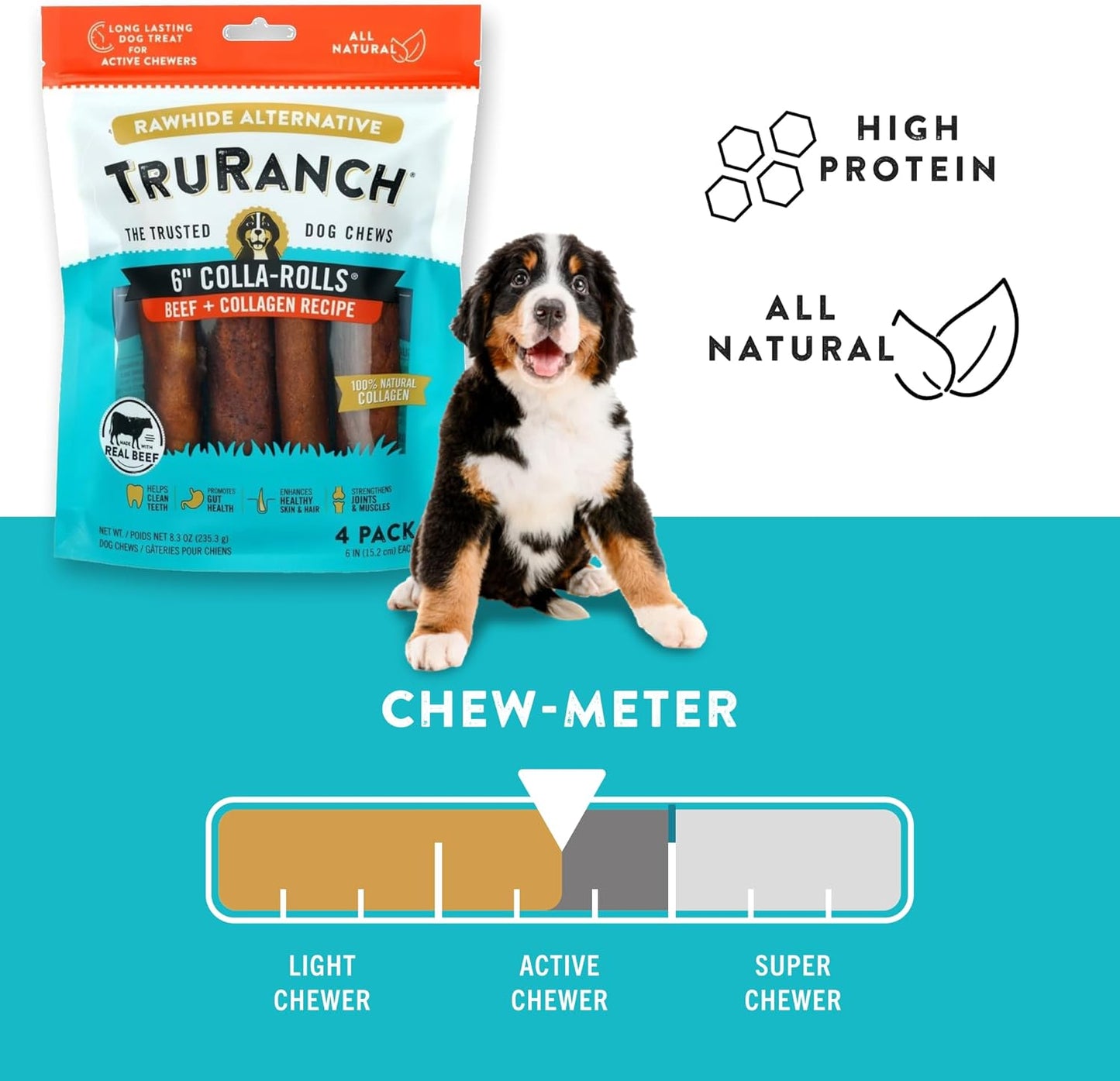 TRURANCH Collagen Rolls - 6" Collagen Rolls for Dogs - Long Lasting Healthy Joint Support Dog Treat - Rawhide Alternative - Skin & Coat Health - Made with Real Beef, 1 Bag, 4 Count