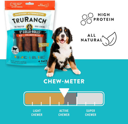 TRURANCH Collagen Rolls - 6" Collagen Rolls for Dogs - Long Lasting Healthy Joint Support Dog Treat - Rawhide Alternative - Skin & Coat Health - Made with Real Beef, 1 Bag, 4 Count